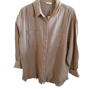 La Miel Tan Large 100% Cotton Long Sleeve Blouse Gauzy Pockets Boho Hippie